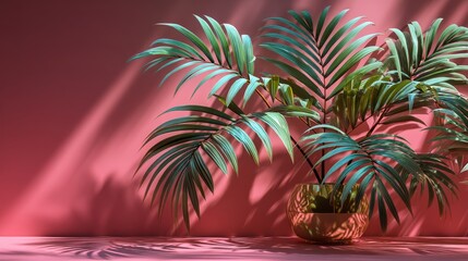Obraz premium palm frond silhouettes dancing on pink walled room