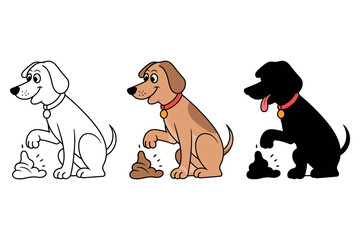 Three cartoon dogs with collars interacting with piles of poop in different styles