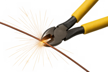 Wire cutters tool with yellow handles using to cut a copper electrical wire creating bright sparks on transparent background