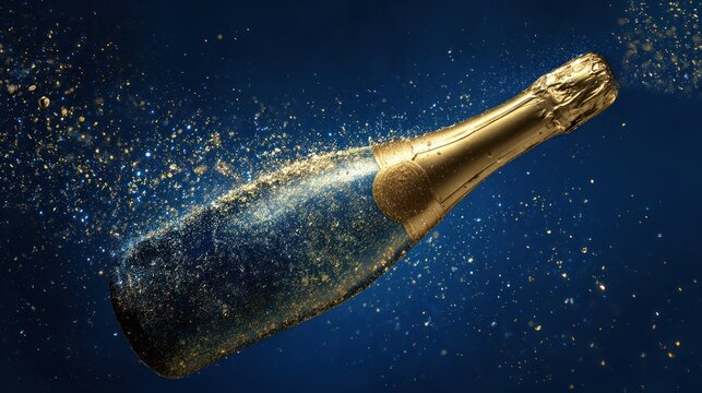 Luxury champagne bottle shimmering with gold glitter on a dark blue background - Powered by Adobe