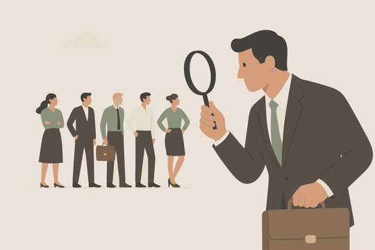 Talent acquisition leader uses magnifying glass to find top candidates from group of diverse professionals for key roles