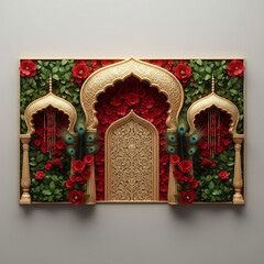 Elaborate Golden Archway with Red Roses and Peacock Feathers greenery isolated on a transparent background
