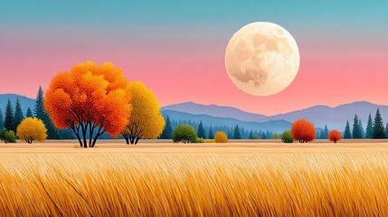 Autumnal Harvest Moon: A vibrant autumn landscape unfolds under the soft glow of a full moon, with golden fields and colorful trees embracing the serenity of the season. 