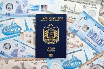 United Arab Emirates dirham currency money bills and passport close up. The concept of travel and...