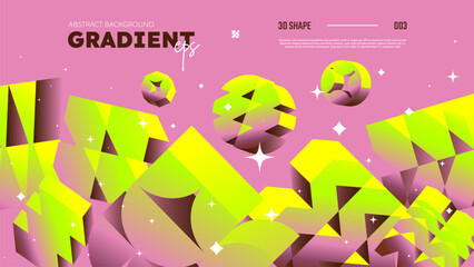 Realistic 3D vector shapes with gradient colors, flying abstract postmodern geometric volumetric different shapes in motion, pink background, Gradient brutal contemporary figure