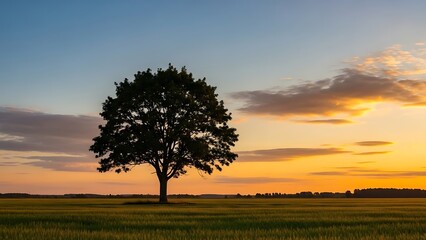 Solitary Tree Silhouette Against a Vibrant Sunset Sky Over Golden Field.
