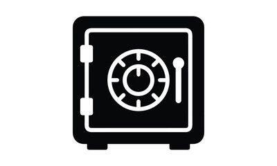 Black and white icon of a secure safe with a dial lock