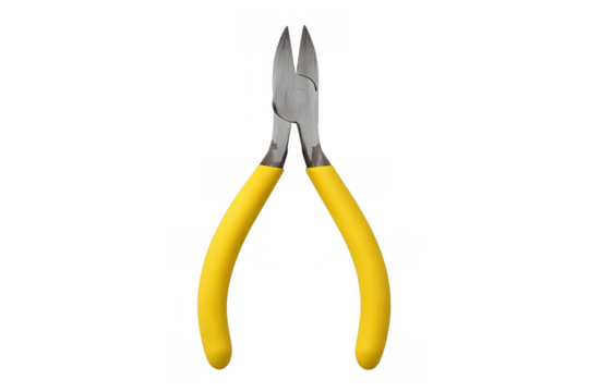 Wire cutter tool with yellow handles used for electronics, electrical work, and modeling, transparent background - Powered by Adobe