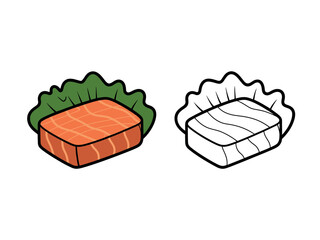 Two slices of salmon sashimi, one colored and one outlined, on lettuce.