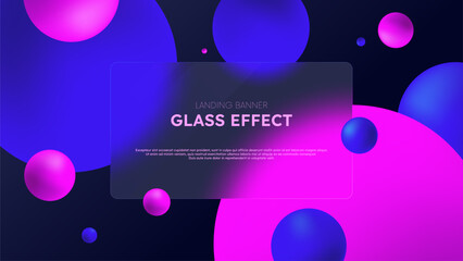 Floating abstract blue and pink spheres and Rectangular transparent banner frame with a blurred effect in glass morphism style, Vector render of cloudy glass website landing page template