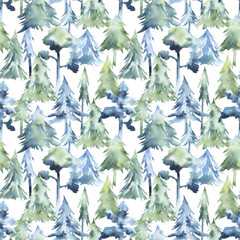 Seamless watercolor pattern of pine and fir trees on transparent background. Elegant winter design for wrapping paper, home textile, wallpapers, scrapbooking, and more