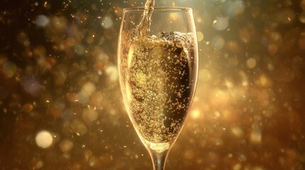 Champagne being poured into a glass with festive golden bokeh background