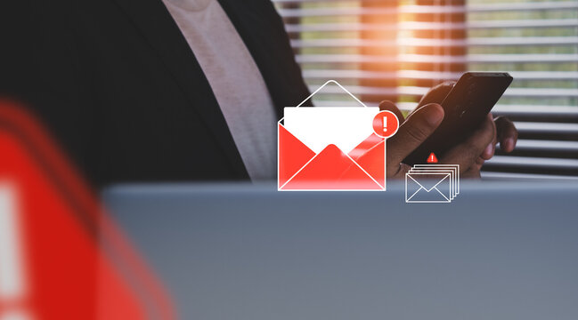 Email security threat and spam warning concept. Person click email with red warning icons and envelope representing email threats, phishing, spam alerts, cybersecurity risk in digital communication - Powered by Adobe