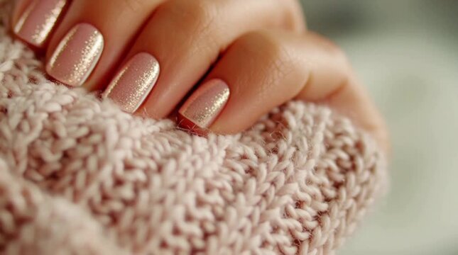 Close-up of a hand with neatly manicured nails painted in a soft pink shade with a subtle golden shimmer.