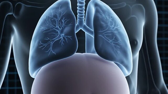 3D Animation of Human Lungs and Respiratory System Breathing. A Medical Visualization Showing Lung Function with an Initial Highlighted Area on the Right Lung