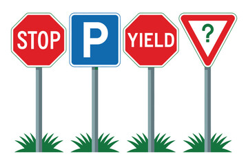 Four different road signs including stop sign parking sign yield sign and question mark sign