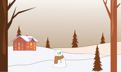 Winter scene featuring two cozy houses nestled amidst snowy trees and mountains, evoking a sense of tranquility and a festive atmosphere