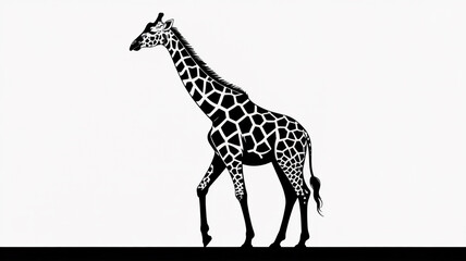 A black and white silhouette illustration of a giraffe standing in profile view facing left.