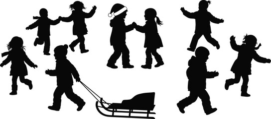 Black silhouettes of children playing outdoors in winter clothes, pulling a sled, dancing, and running, representing winter fun, childhood joy, cold weather activities, Christmas holiday, 