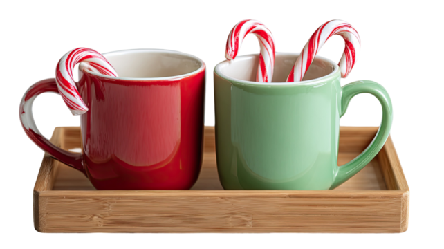  Red and green ceramic mugs filled with festive candy canes featuring colorful holiday drink ware details isolated on white background.