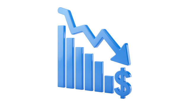 A 3D rendered financial chart showing a downward trend in blue colors against a white background
