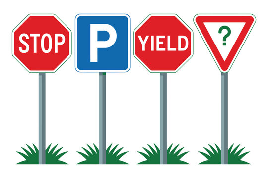 Four different road signs including stop sign parking sign yield sign and question mark sign