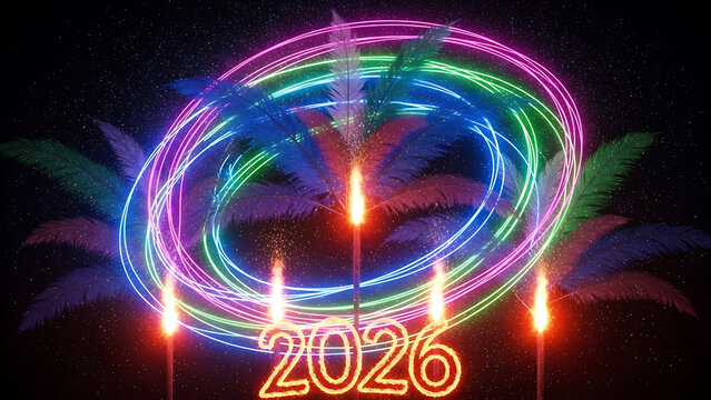 Vibrant neon 2026 celebration with fireworks and lights