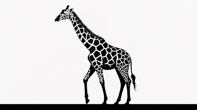 A black and white silhouette illustration of a giraffe standing in profile view facing left.