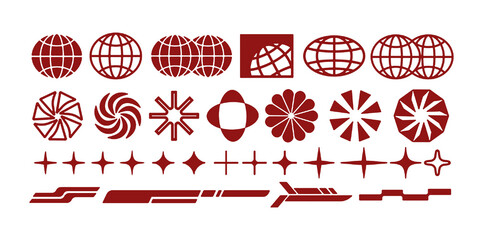 Retro-futuristic Y2K vector shape set with abstract icons, globes, stars, grids, and tech-inspired elements. Perfect for digital prints, posters, and streetwear graphics.