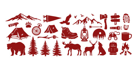 Outdoor adventure vector set with camping gear, mountains, wildlife, trees, and travel icons. Perfect for badges, t-shirt designs, hiking posters, and nature-themed branding.