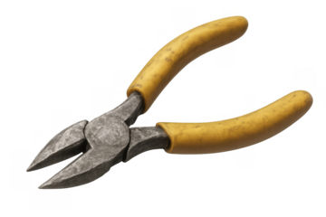 Diagonal cutter tool with yellow handle and metal jaws, construction equipment for repair work on transparent background