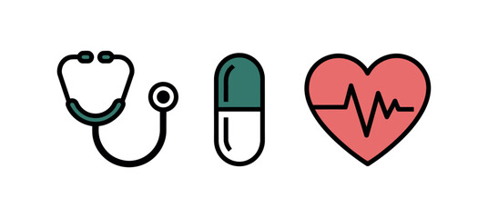 Illustration of a stethoscope a capsule and a heart with a heartbeat line on white background