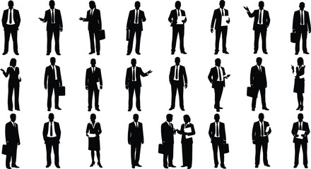 Extensive black vector silhouette set of diverse business professionals in suits, holding documents and briefcases, representing corporate communication, executive staff, professional roles, 