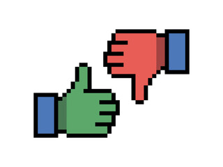 Pixelated thumbs up and thumbs down icons represent a choice between approval and disapproval.