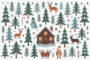 Obraz premium Winter scene with trees cabin deer snowman and gifts on a white background on transparent background