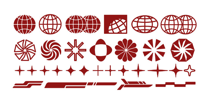 Retro-futuristic Y2K vector shape set with abstract icons, globes, stars, grids, and tech-inspired elements. Perfect for digital prints, posters, and streetwear graphics.