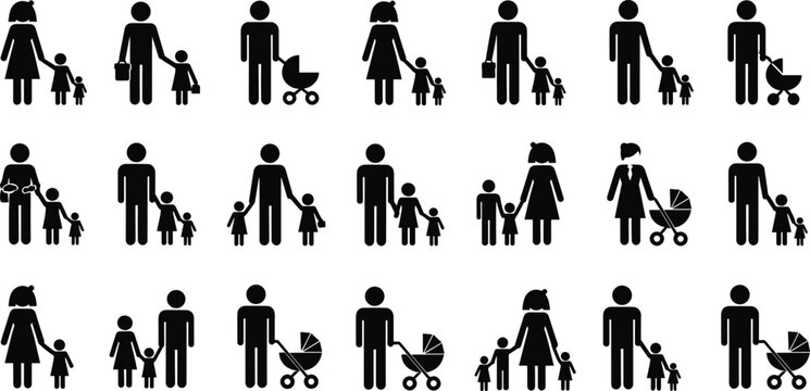 Family parenting silhouettes collection showing mothers fathers children and baby stroller icons symbolizing parenthood childcare family relationships and modern family lifestyle concepts