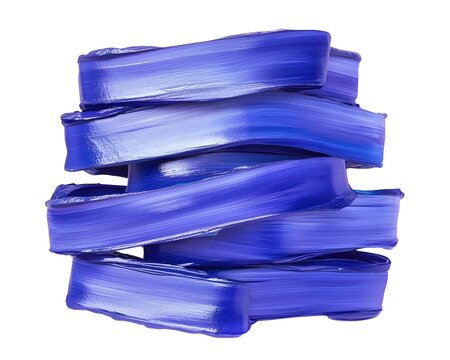 Stacked, undulating bands of thick, glossy royal blue pigment are arranged vertically against a white background