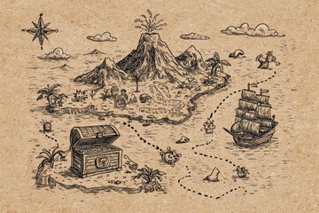 Fototapeta premium Hand-drawn treasure map with volcano, island, ship, and treasure chest