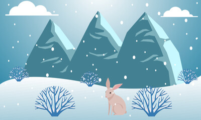 A solitary wild hare sits peacefully in a serene snowy mountain landscape, a beautiful vector illustration of winter's quiet solitude