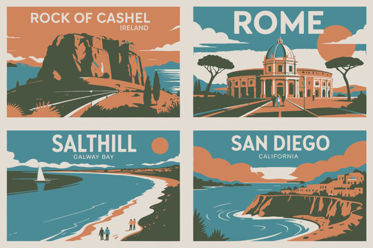 Four travel posters depicting rock of cashel rome salthill and san diego views on transparent background