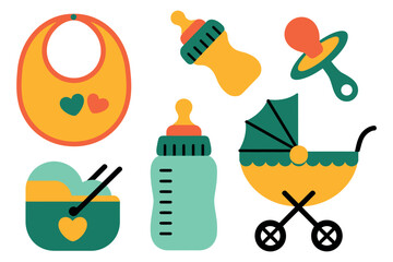 A collection of baby items including a bib bottles pacifier and a baby carriage