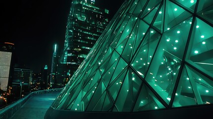 Vibrant Teal Glass Pyramid and Skyscraper at Night in a Modern Cityscape