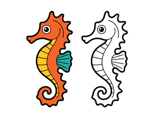 Colorful seahorse illustration next to a black and white outline for coloring.