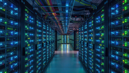 Illuminated server racks stretching down a data center aisle, showcasing powerful computing infrastructure and colorful network cabling overhead.