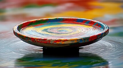 Vibrant, Textured Wooden Bowl Floating on Rippling Water with Colorful Reflections