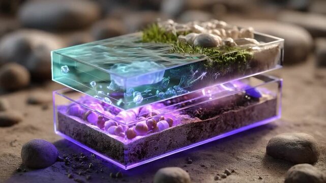 Microcosm of Nature: A unique, multi-layered artistic representation, encapsulating the essence of the natural environment, with transparent layers revealing aquatic, terrestrial.