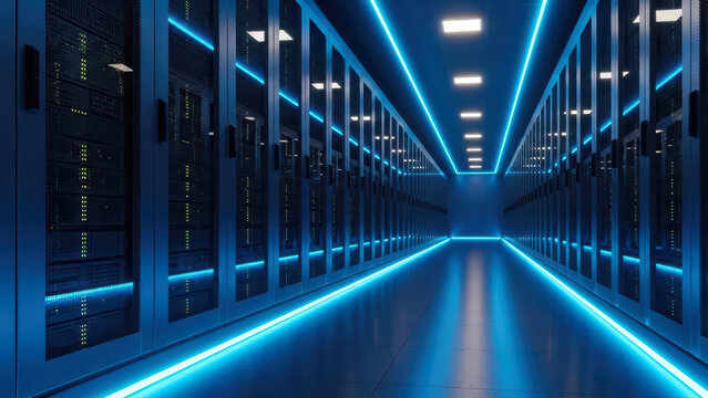 A futuristic data center corridor, displaying rows of high-tech server racks illuminated by vibrant blue neon lighting on floor and ceiling. - Powered by Adobe