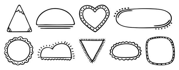 Black line frames hand drawn vector doodle set. Monochrome outline and dotted empty shapes, place holder, text box, sale form. Triangle, sun, heart, oval, circle, clouds, square