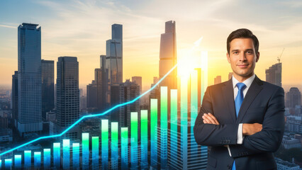 A confident businessman smiles before a golden city skyline at sunrise, overlaid with a glowing upward financial bar chart symbolizing growth and investment success.